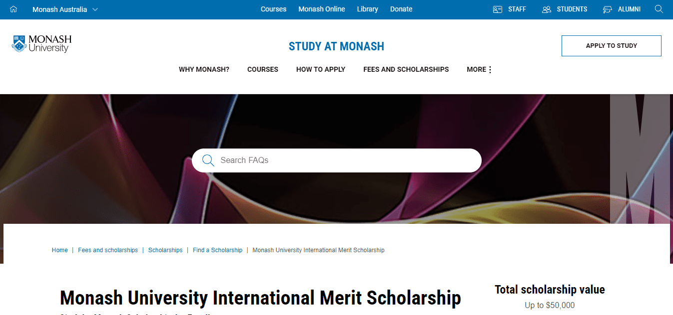 monash university international merit scholarship
